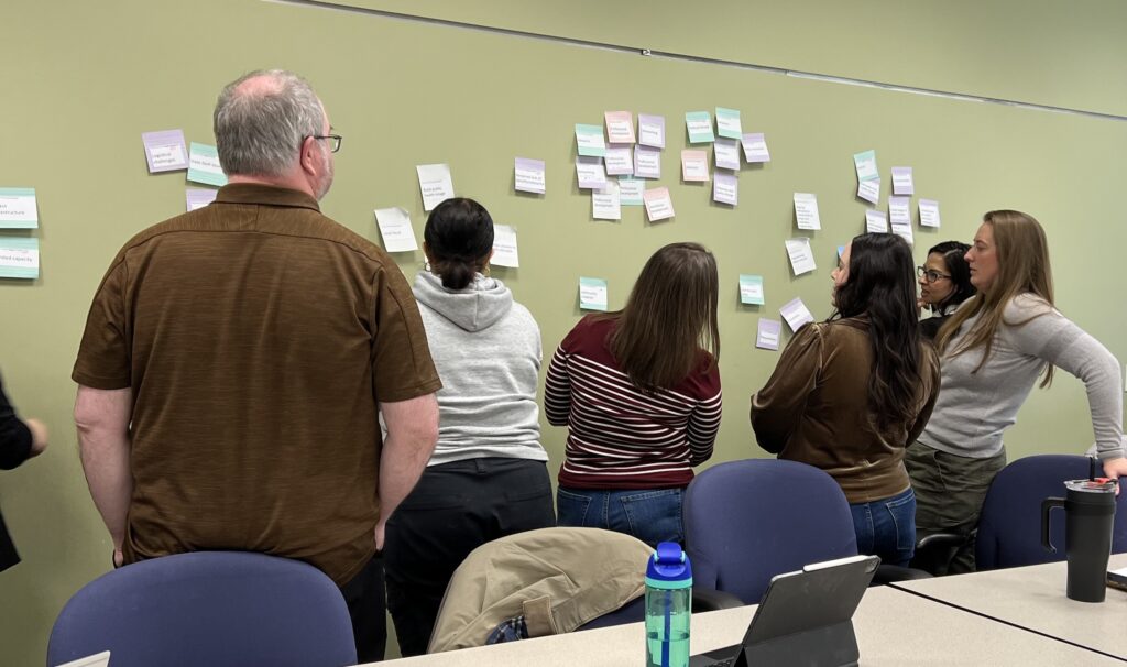 Members of the Wyoming Public Health Association Board stand with their backs to the camera, facing a wall with many small pieces of paper hanging on it. Each paper has written on it one idea gathered during the input stage of strategic planning preparation. While you can't read any of the papers, you can clearly see that the papers are in the process of being clustered into groups of related topics. There is one mane and 5 women in the picture.