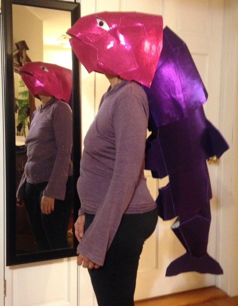 I made a fish "costume" several years ago. It has a bright pink shiny head which completely covers my face and head. The fish body, complete with fins, and the fish tail hang down my back. I used shiny purple fabric for the body and tail.